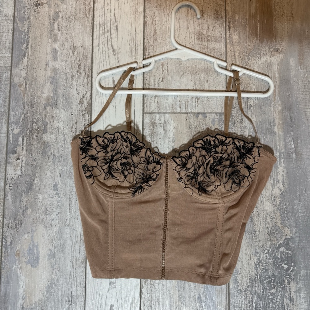 White Fox Boutique Beige Crop Bustier with Black Floral Lace